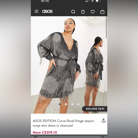 ASOS EDITION Curve floral fringe sequin wrap mini dress in charcoal - Picture 4 of 5